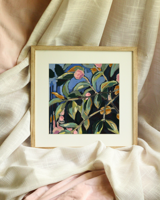 Camellia botanical canvas print by Meredith Raiford Akins, plein air winter floral study with gestural brushstrokes and organic drips, modern organic wall decor for designers