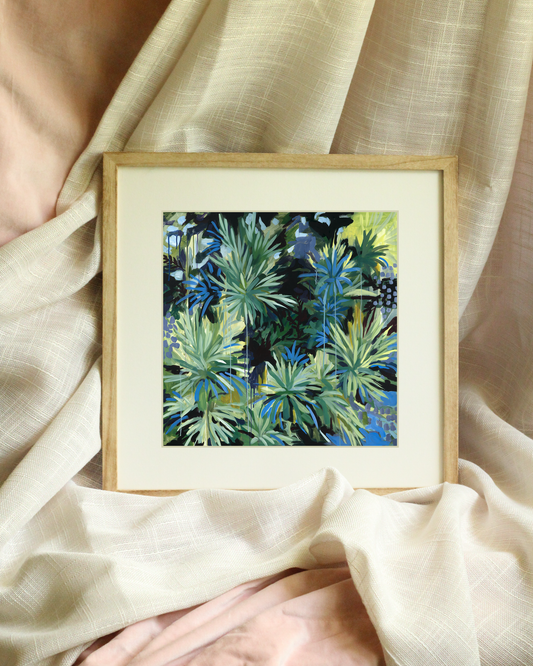 Evergreen botanical art print by Meredith Raiford Akins, abstract green and blue plein air painting with raw brushwork, organic modern wall decor for designers and collectors