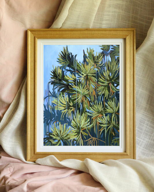 Japanese cedar botanical canvas print by Meredith Raiford Akins, green tree wall art with layered blue sky and expressive brushwork, organic modern decor for interior design 