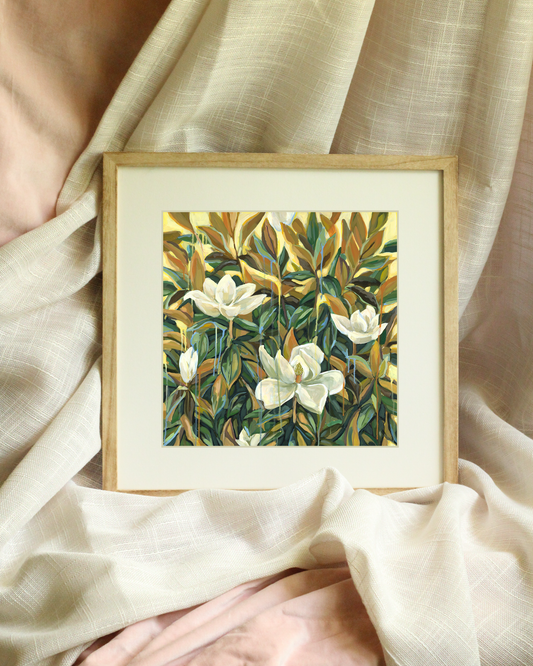 Magnolia fine art print by Meredith Raiford Akins, square botanical wall art featuring blooming magnolias in warm sunlight, luxury floral canvas decor for high-end interior design, available 8x8 to 30x30.