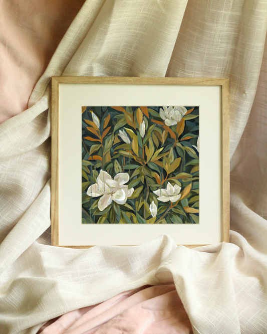 Moody Magnolia fine art print by Meredith Raiford Akins, moody magnolia floral wall art, dark botanical canvas decor for luxury interior design spaces