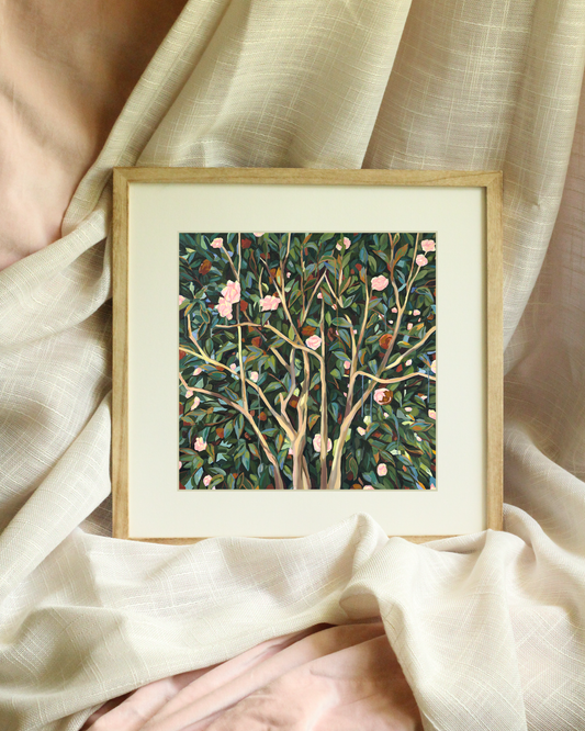 Camellia botanical art print by Meredith Raiford Akins, winter floral wall decor with rich layered color, elegant statement artwork for interior designers and collectors.