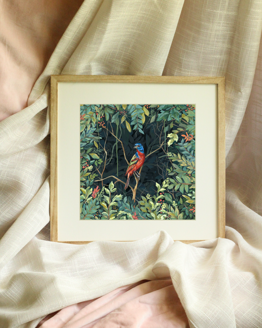 Painted bunting bird art print by Meredith Raiford Akins, vibrant secret garden botanical wall decor with expressive brushwork for interior design
