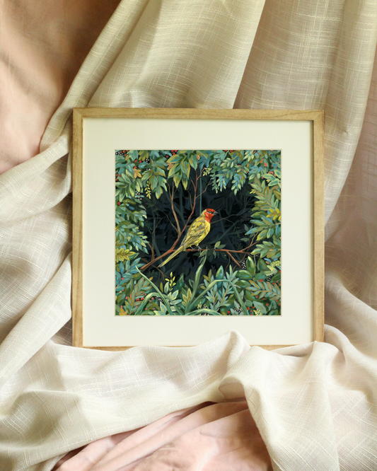 Red headed tanager bird art print by Meredith Raiford Akins, colorful tropical bird botanical wall decor with expressive brushwork for interior design