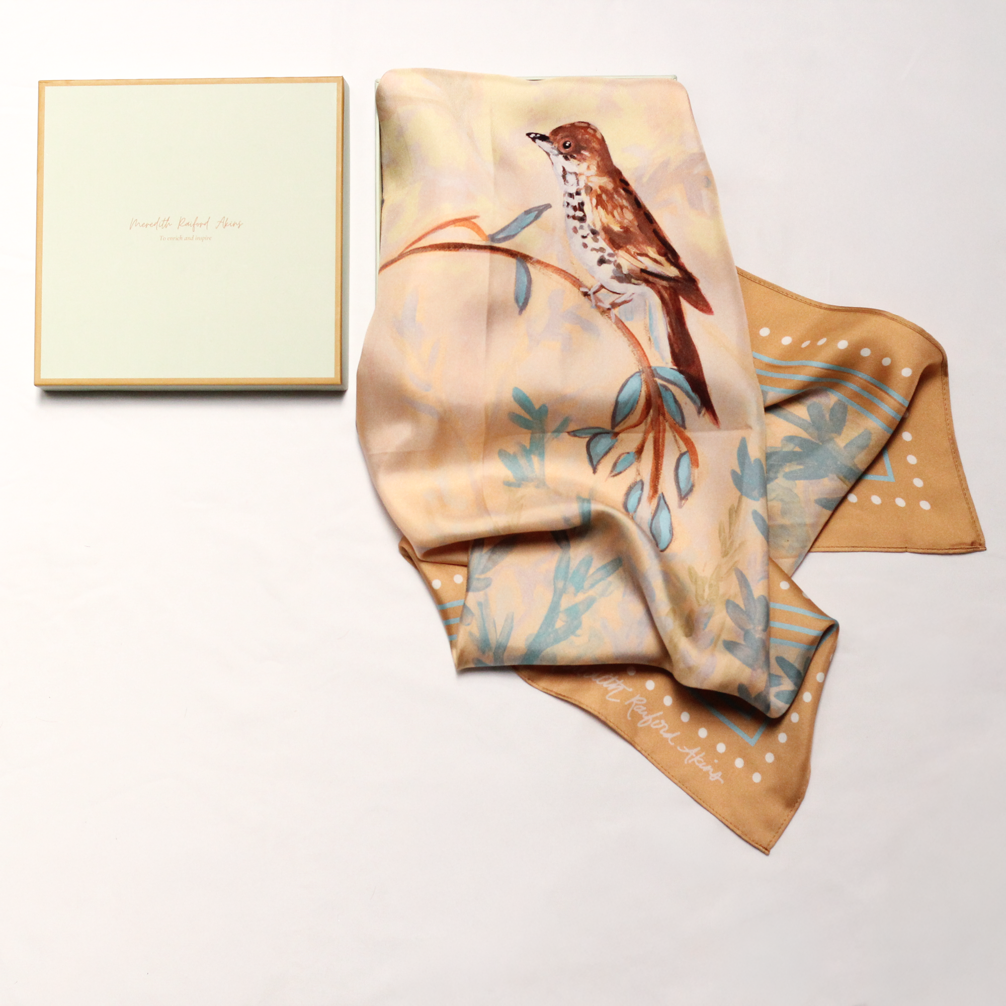 27x27 silk twill scarf by meredith raiford akins featuring a brown thrasher