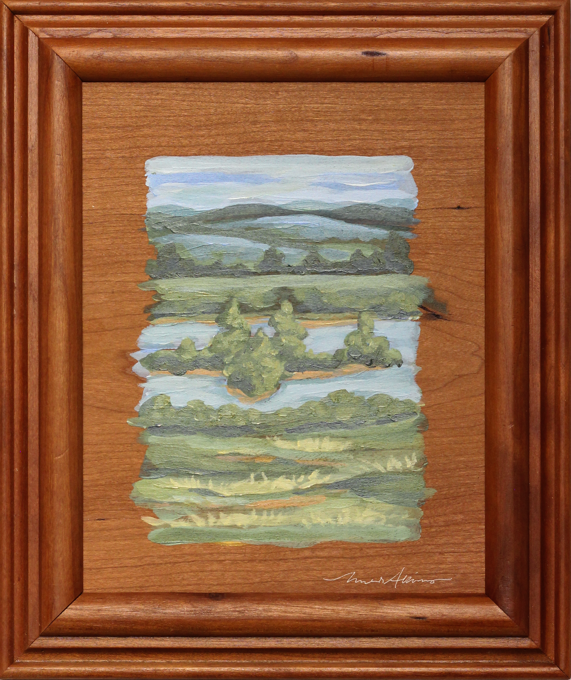 Original Blue Ridge Mountain river landscape with island painted on handmade wood panel