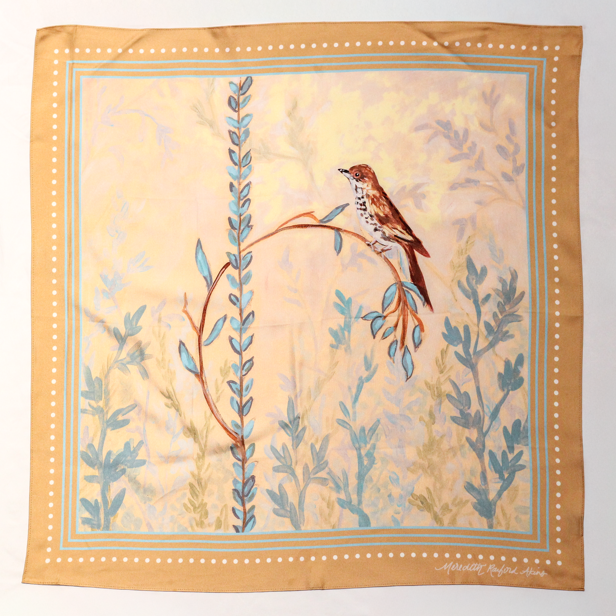 27x27 silk scarf with a brown thrasher on a bent leaf with blue detailing by meredith raiford akins