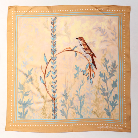 27x27 silk scarf with a brown thrasher on a bent leaf with blue detailing by meredith raiford akins