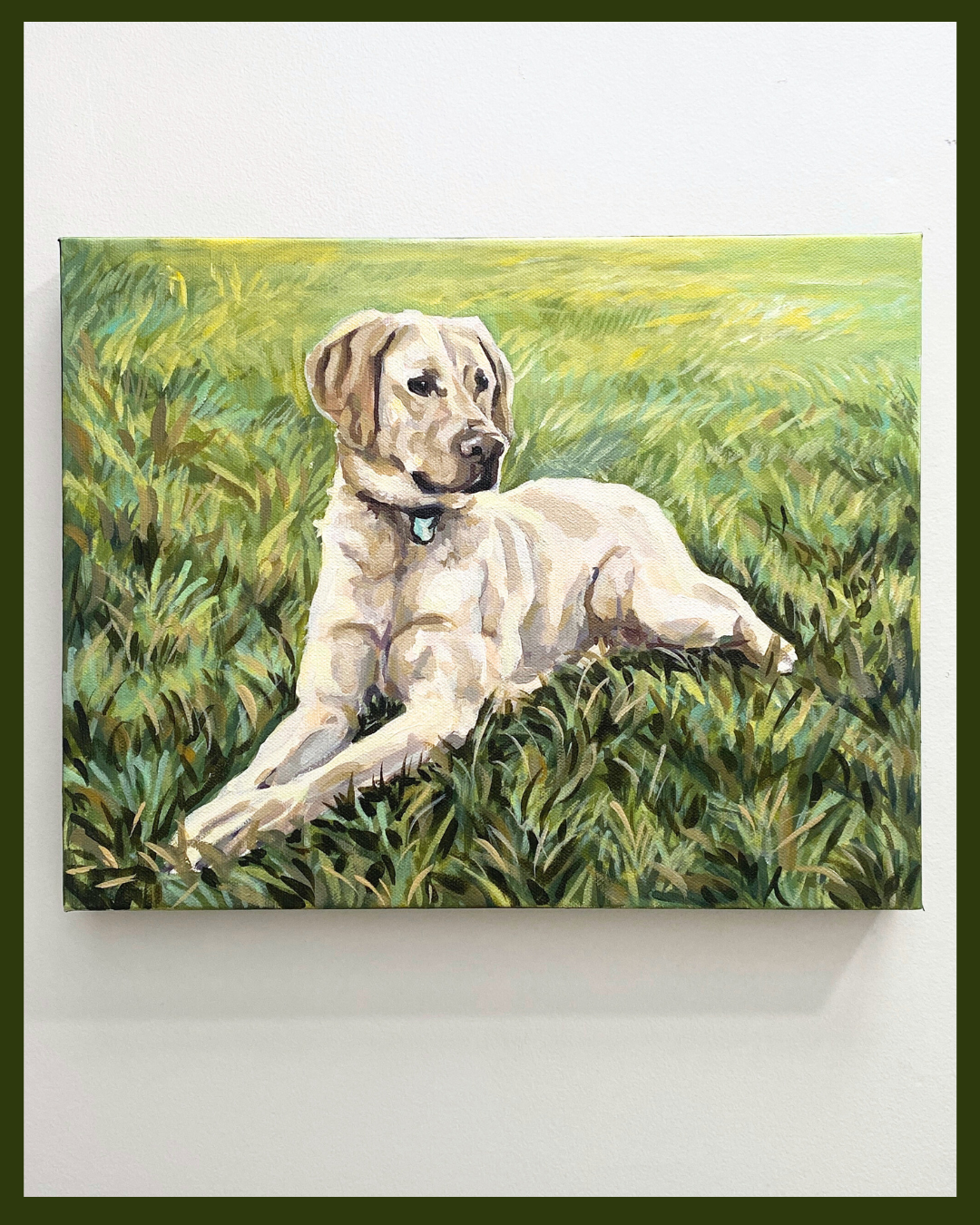 custom pet portrait commission of a lab laying in the grass by meredith raiford akins